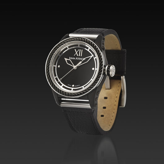 Men's Black Iconic Plated Pantheon I Watch with Leather Band